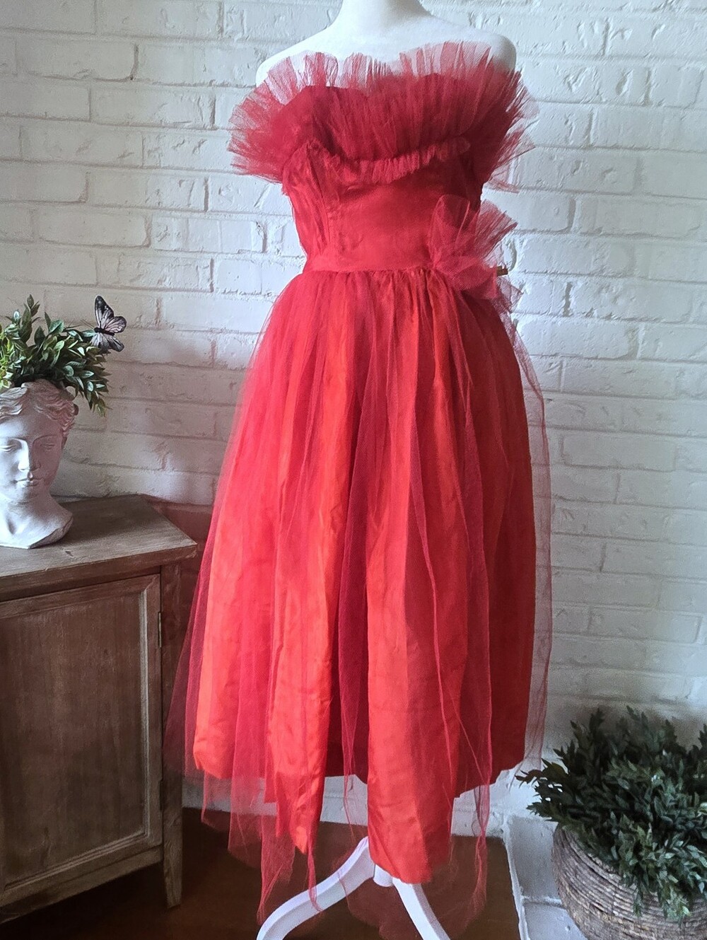 Vtg 50s Red Tulle Strapless Party Dress, 2/XS Or Girls L